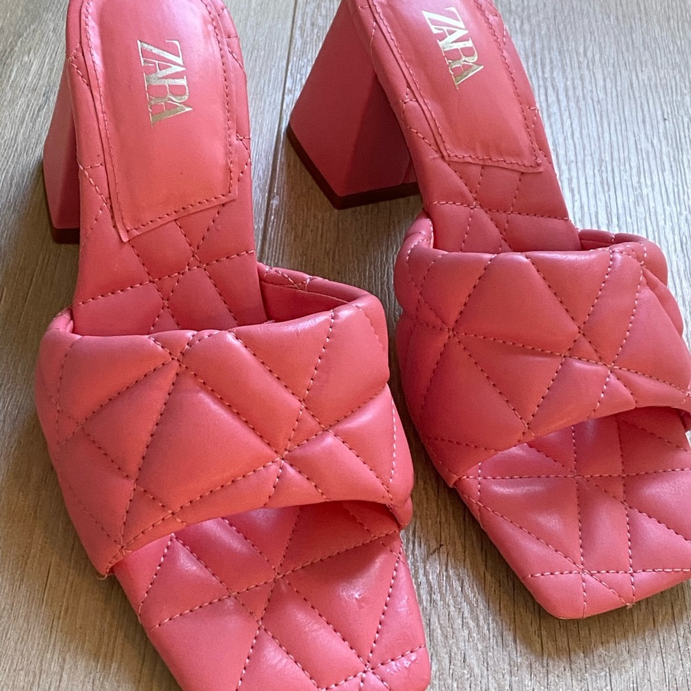 Zara Pink Quilted Mules with Chunky Heel